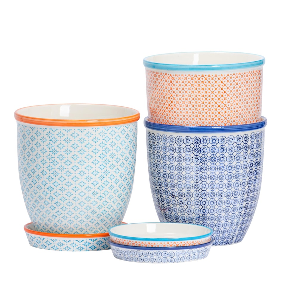 image 1 of Nicola Spring Hand-Printed Plant Pots with Saucers - 20.5cm - 3 Colours - Pack of 3 | Multi | Multi