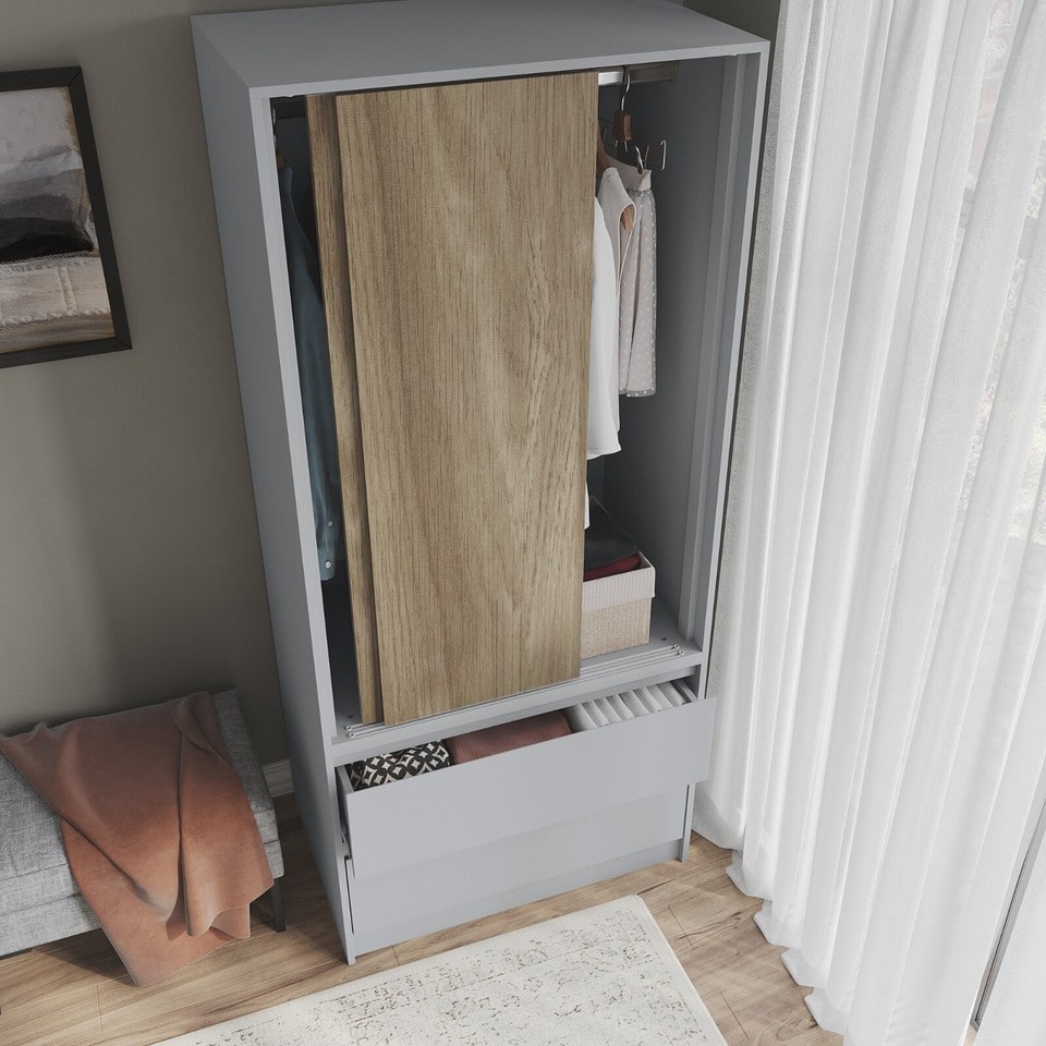 image 1 of URBNLIVING 2 Sliding Door Wardrobe With 2 Drawers And Hanging Rail | Grey | Oak Doors | 1