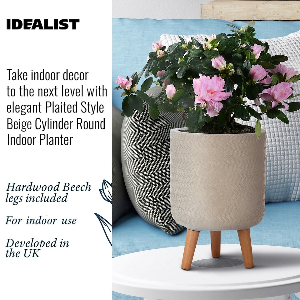 image 1 of Plaited Style Beige Cylinder Planter on Legs, Round Pot Plant Stand Indoor D24 H35 cm, 8.7 ltrs Cap.