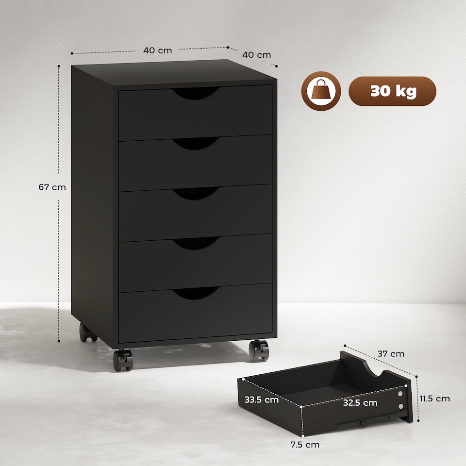 image 1 of HOMCOM Rolling Filing Cabinet with 5 Drawers, Under Desk Drawer, Black