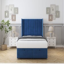 Sloomy Falcon Navy Plush Ottoman Bed Base With 54" Wingback Headboard 6' Super King | Blue | Navy | Super King | 1