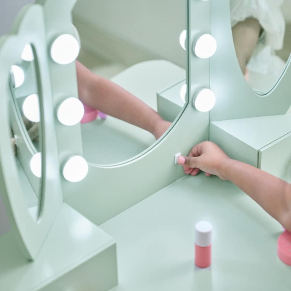 image 1 of Teamson Kids Heart-Shaped Play Vanity Table with LED Lights, Triple Mirror, Stool & Storage Drawers, Sage Green | Green