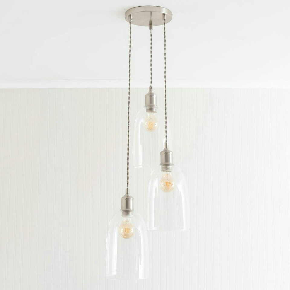 image 1 of ValueLights Kira Glass Dome 3 Drop Cluster Brushed Chrome Ceiling Pendant Light with Bulbs Silver