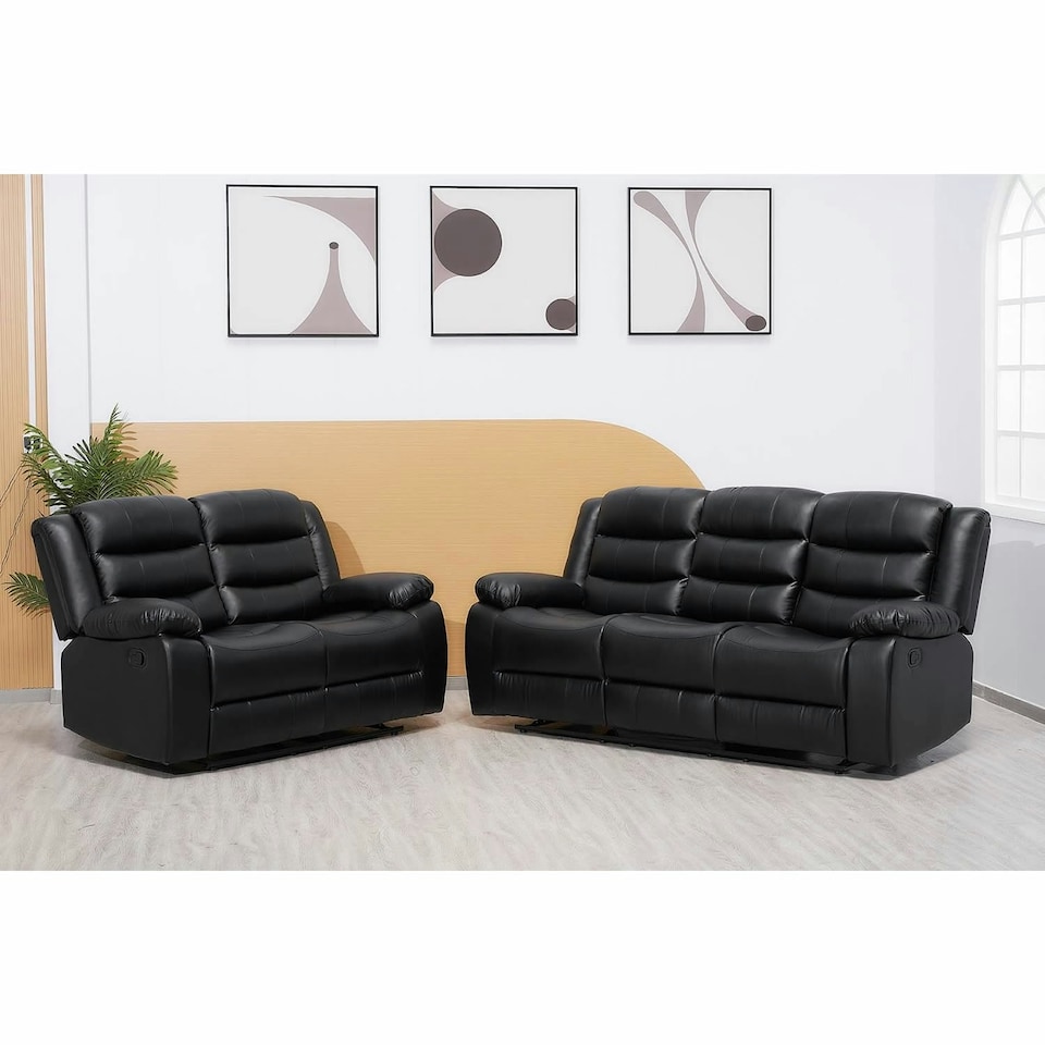 image 1 of Roma Recliner Leather 3 Plus 2 Seater Sofa Set, Armchair Inspired Home Theatre and Living Room Seating  Black Grey