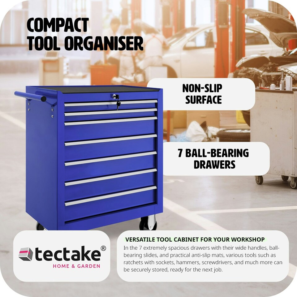 image 1 of Tool Chest - 7 drawers, 4 wheels, central locking Blue | Blue