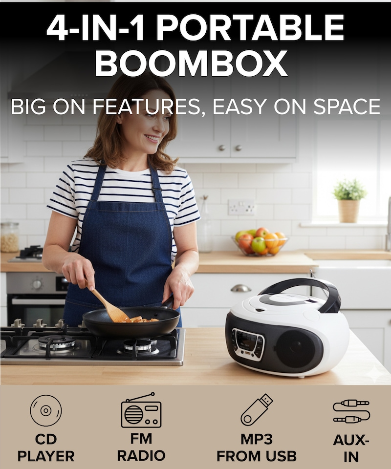 image 1 of Grouptronics Small Portable CD Player For Home With Speakers – Boombox Mains Or Battery Powered, FM Radio, Supports MP3 Audio Books - GTCDR-501