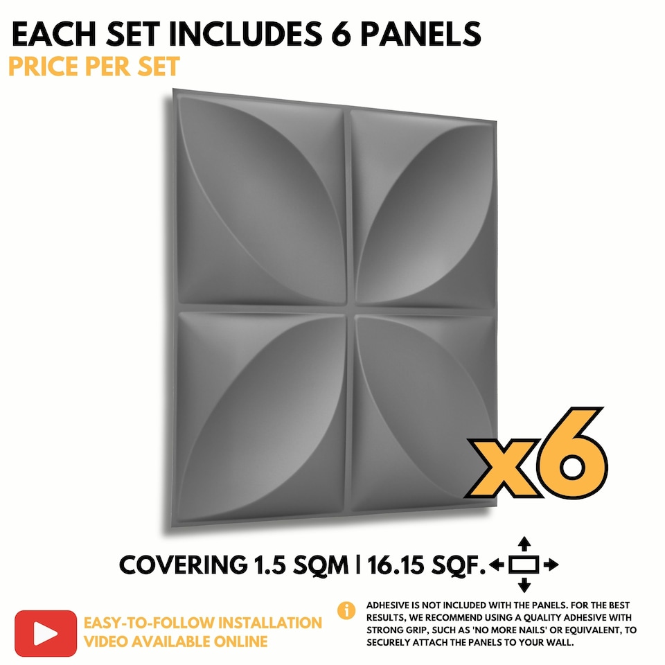 image 1 of NOVECRAFTO 3D Wall Panels – Quilted Fold Design – 6 PVC Sheets – 1.5m² (16.15sqft) – 50x50cm Decorative Interior Wall Cladding Panels | Silver