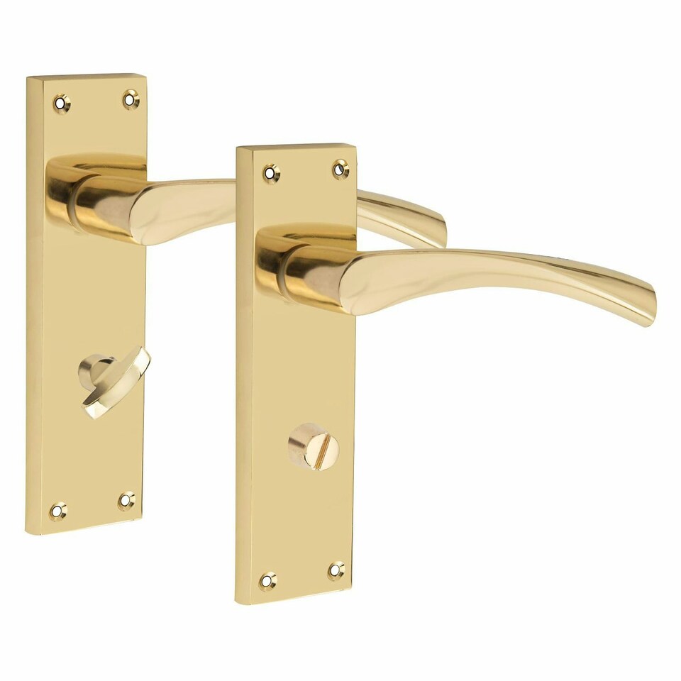 image 1 of Golden Grace Victorian Scroll Astrid Door Handles Bathroom WC Toilet Complete in Gold Polished Brass Finish with (GG) 64mm Bathroom Mortise Lock - 150mm x 40mm Gold