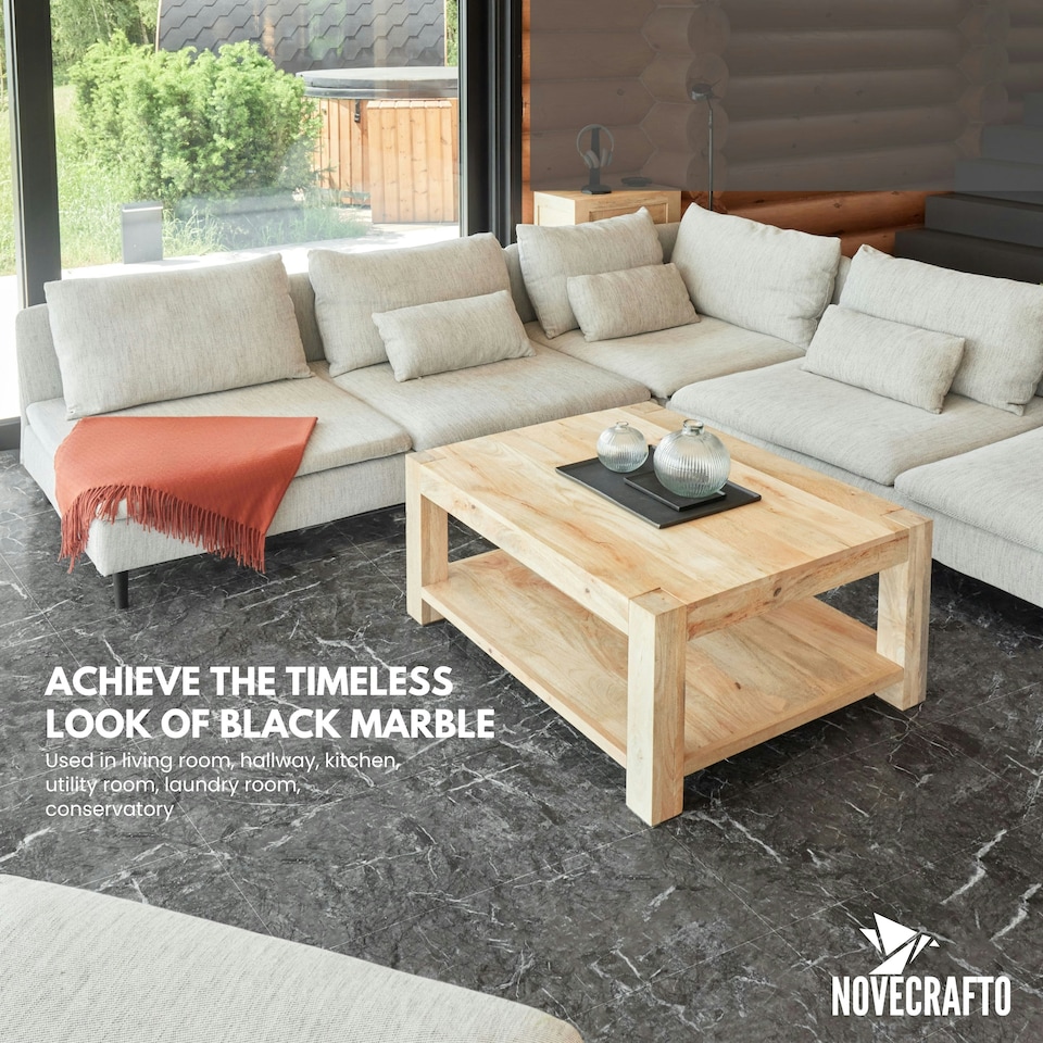 image 1 of NOVECRAFTO Black Self Adhesive Vinyl Floor Tiles - 12”x24” (30.48x60.96cm) - Large Peel & Stick Waterproof Marble Effect Flooring - Pack of Tiles Black | 3.71 sqm