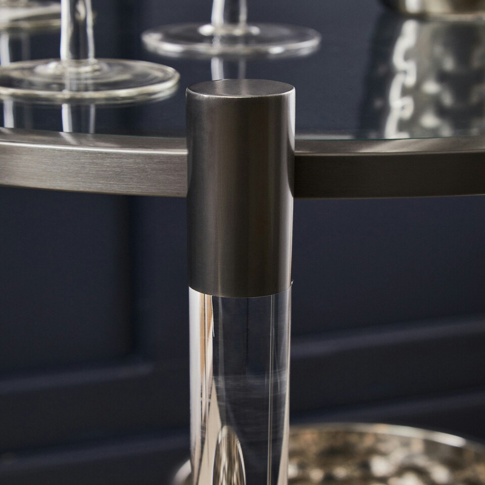 image 1 of Interiors by Premier Round Drinks Trolley, Two‑Tier Glass Shelves with Acrylic Supports, Mid‑Century Stainless Steel Bar Cart Black