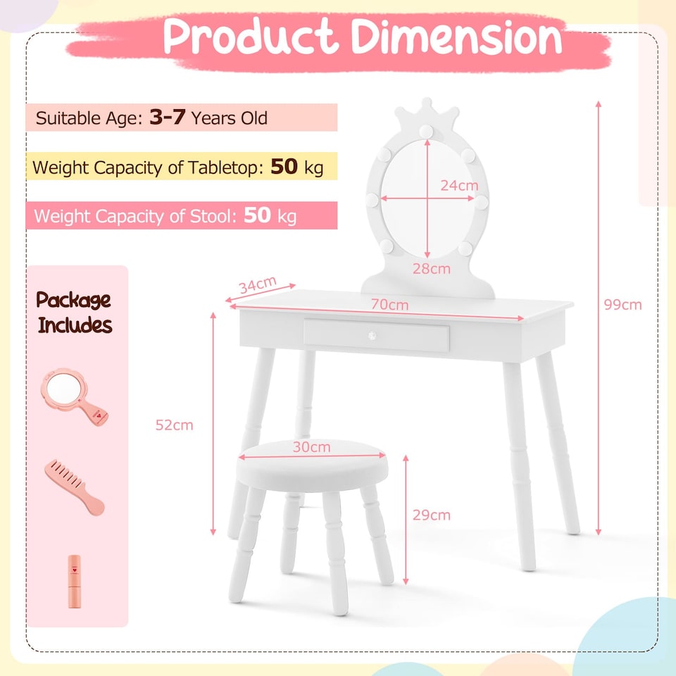 image 1 of COSTWAY Princess Vanity Table & Chair Set Kids Set White