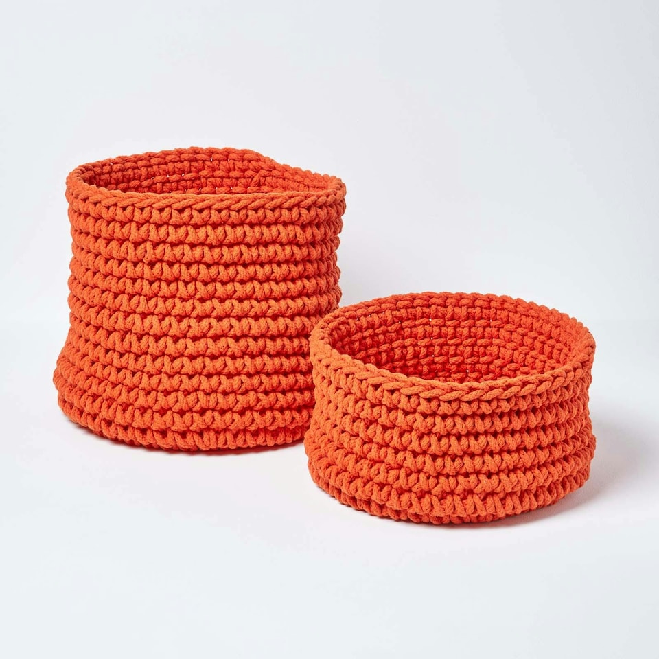 image 1 of Homescapes Burnt Orange Cotton Knitted Round Storage Basket - 42 x 37 cm | Orange | Burnt Orange