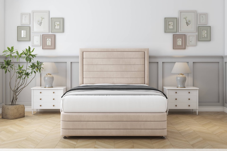 image 1 of Sloomy Ashford Sand Naples Divan Bed Base 2 Drawers Foot-End With 54 Inch Floor Standing Headboard & 12 Inch Matching Footboard | Cream | Sand | Super King | 1
