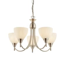 Alton 5 Light Multi Arm Ceiling Pendant Satin Chrome, Matt Opal Glass, E14