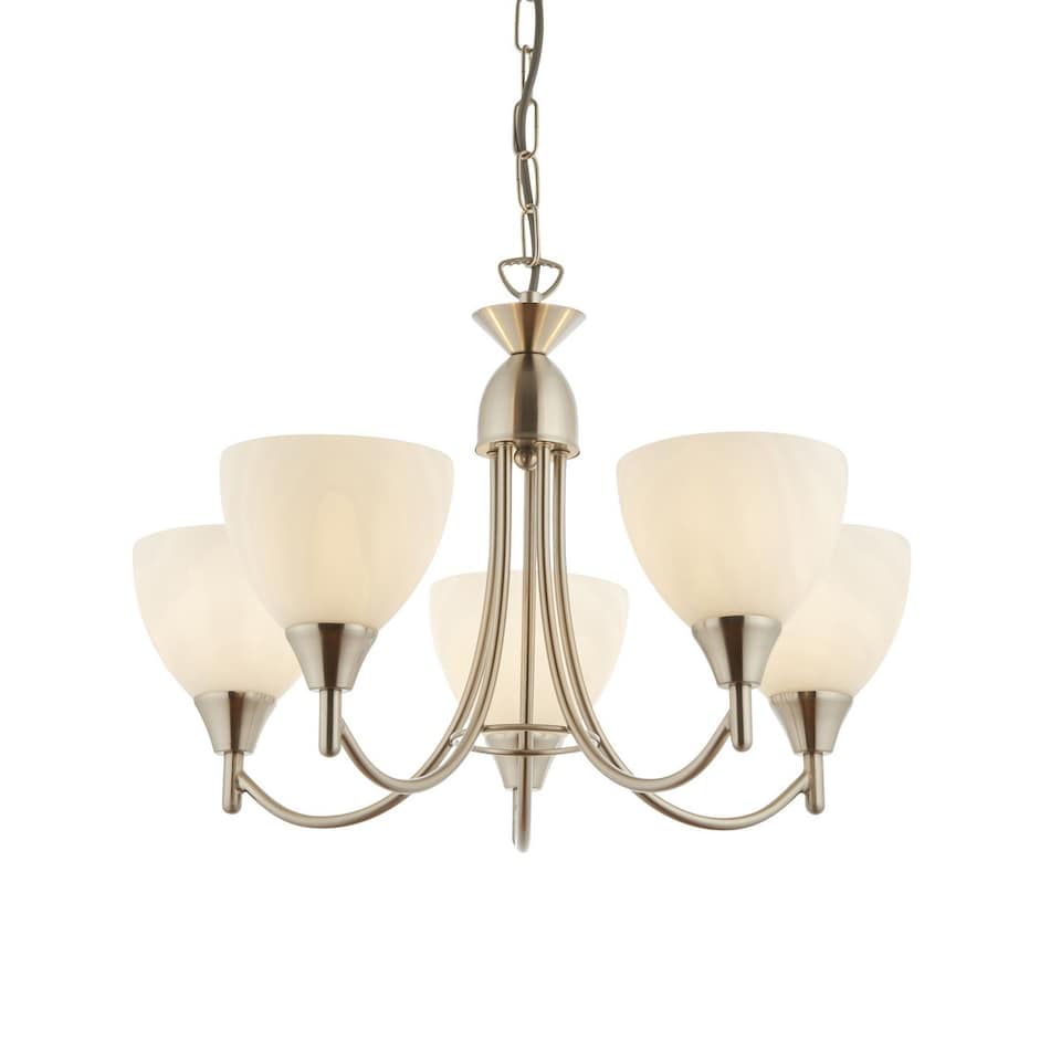 image 1 of Alton 5 Light Multi Arm Ceiling Pendant Satin Chrome, Matt Opal Glass, E14