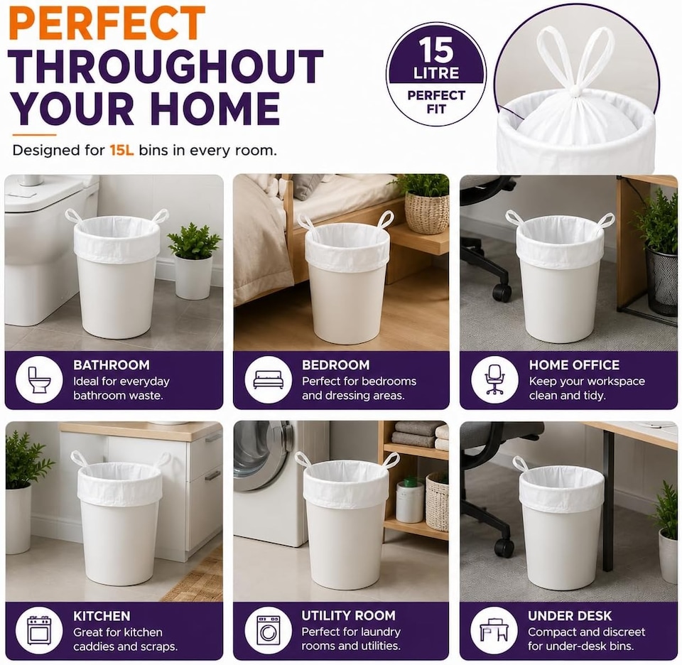 image 1 of Hero 15L White Tie Handle Bin Liners - Pack of 40 Small Waste Basket Bags for Bathroom, Bedroom, Office & Utility Bins