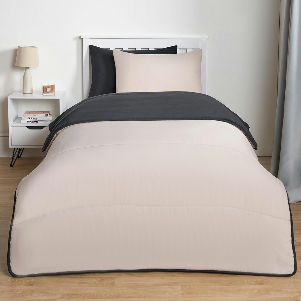image 1 of OHS Coverless Reversible 10.5 Tog Duvet And Pillowcase Bedding Set, Double - Black/Stone