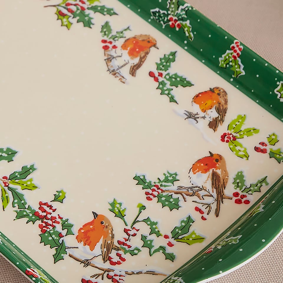 image 1 of Ulster Weavers Christmas Robins Tray - Small Green