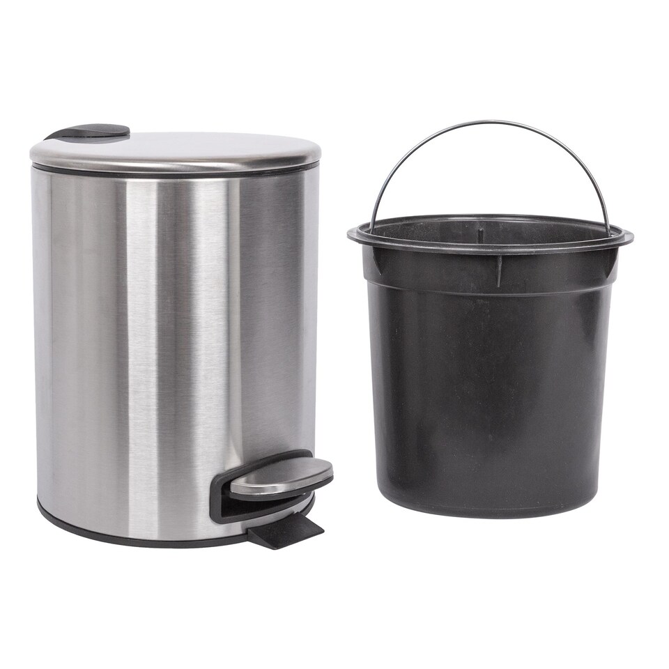 image 1 of Harbour Housewares Bathroom Bin & Toilet Brush Set - 5L - Brushed - Round Stainless Steel Slim Trashcan Rubbish Bin & Brush