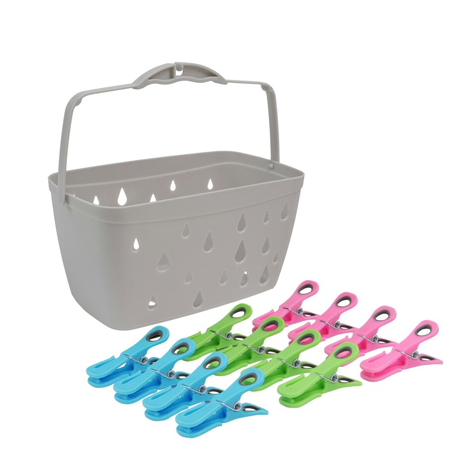 image 1 of JVL Plastic Peg Basket, Grey with 48 Prism Clip Pegs with Hooks, Multi