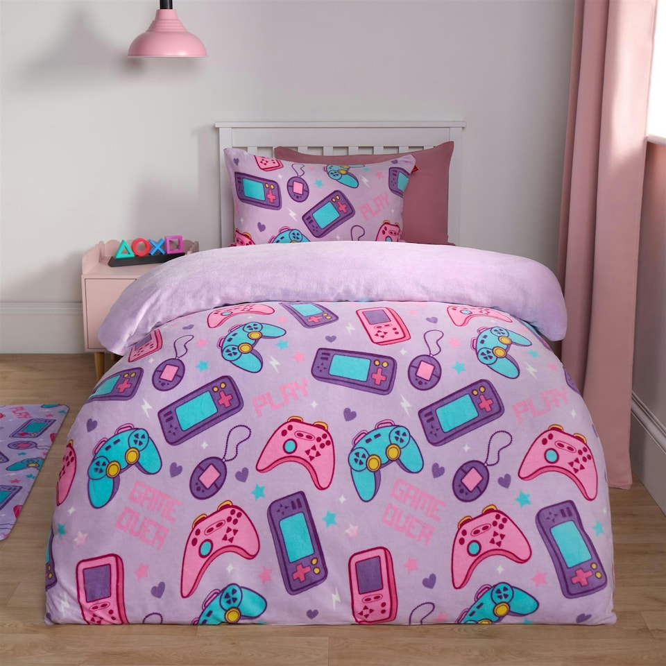 image 1 of OHS Kids Gaming Print Fleece Duvet Cover and Pillowcase Set, Single - Lilac