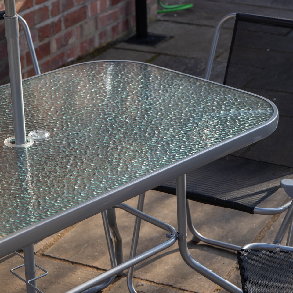 image 1 of 6 Person Garden Furniture Patio Set Table, 6 Chairs & Parasol