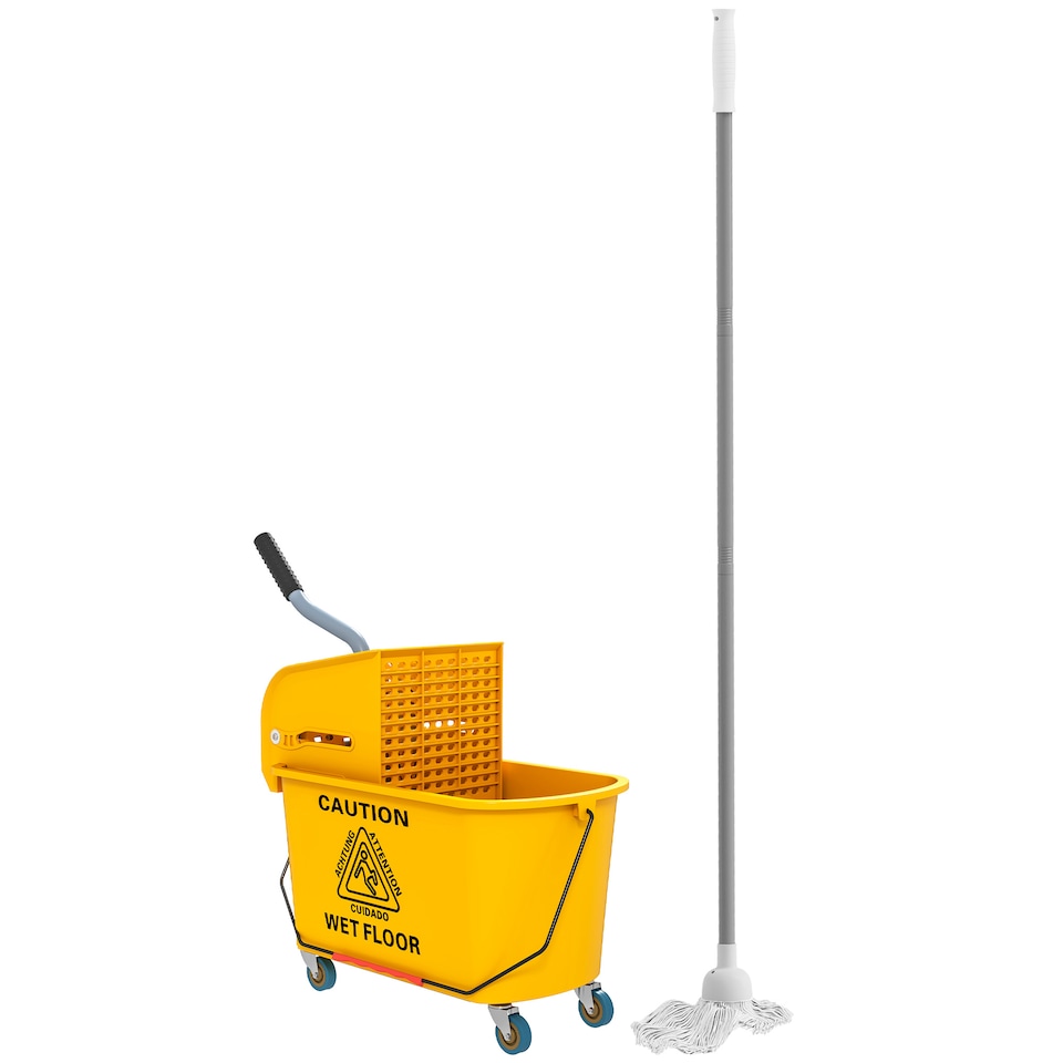 image 1 of HOMCOM Mop Bucket with Wringer Set on Wheels for Floor Cleaning, 20 Litre Side Press Wringer with Handle and Mop, Yellow