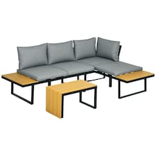 Outsunny 3 Pieces Patio Furniture Set, Outdoor Garden Sofa Conversation Set w Padded Cushions, Wood Grain Plastic Top Table and Side Panel, Dark Grey