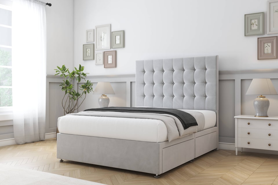 image 1 of Sloomy Alabama Silver Plush Divan Bed Base No Drawers With 54 Inch Floor Standing Headboard | Silver | Silver | Small Single | 1