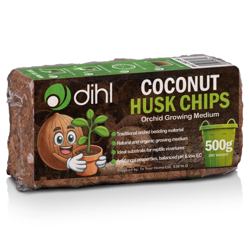 image 1 of Dihl 500g Coconut Husk Chips Garden Substrate. Organic, Natural, pH Balanced, Coco Mulch Medium for Bedding, Seedlings, Flowers, Fruit and Vegetables. Perfect for Orchids
