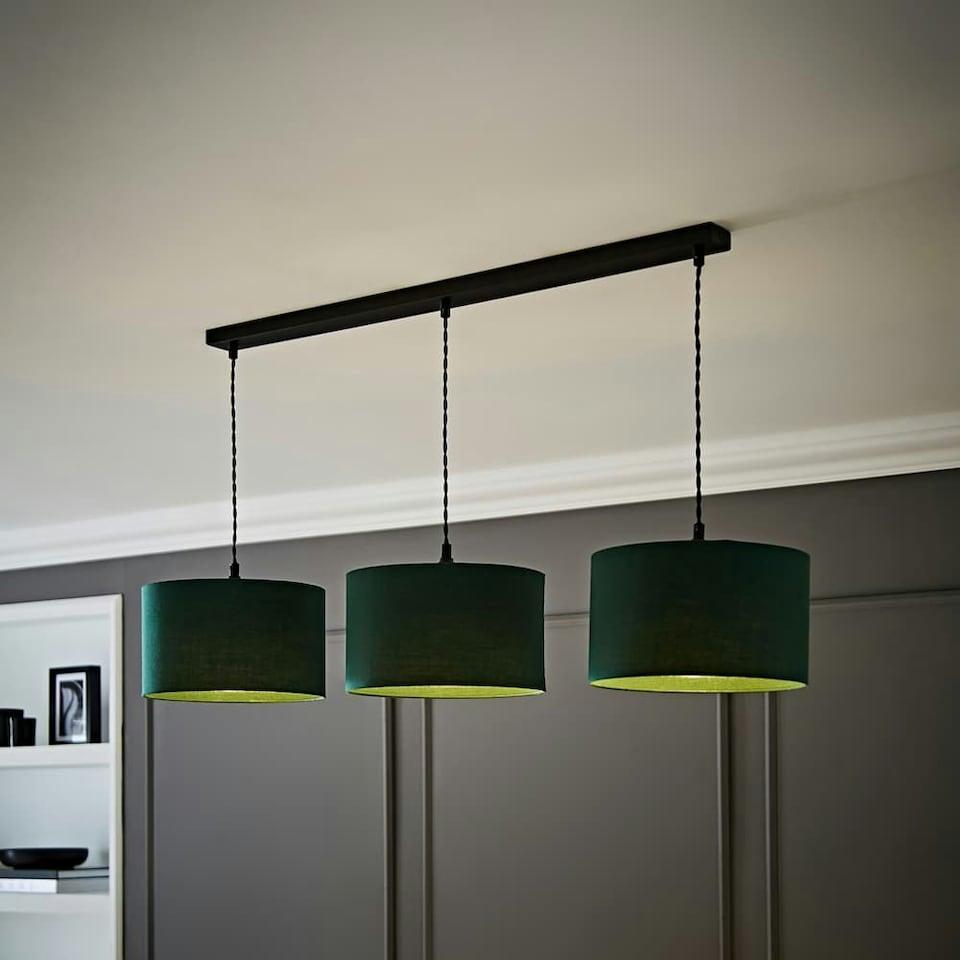 image 1 of ValueLights Shaw Matte Black 3 Drop Bar Green Fabric Shades | Black