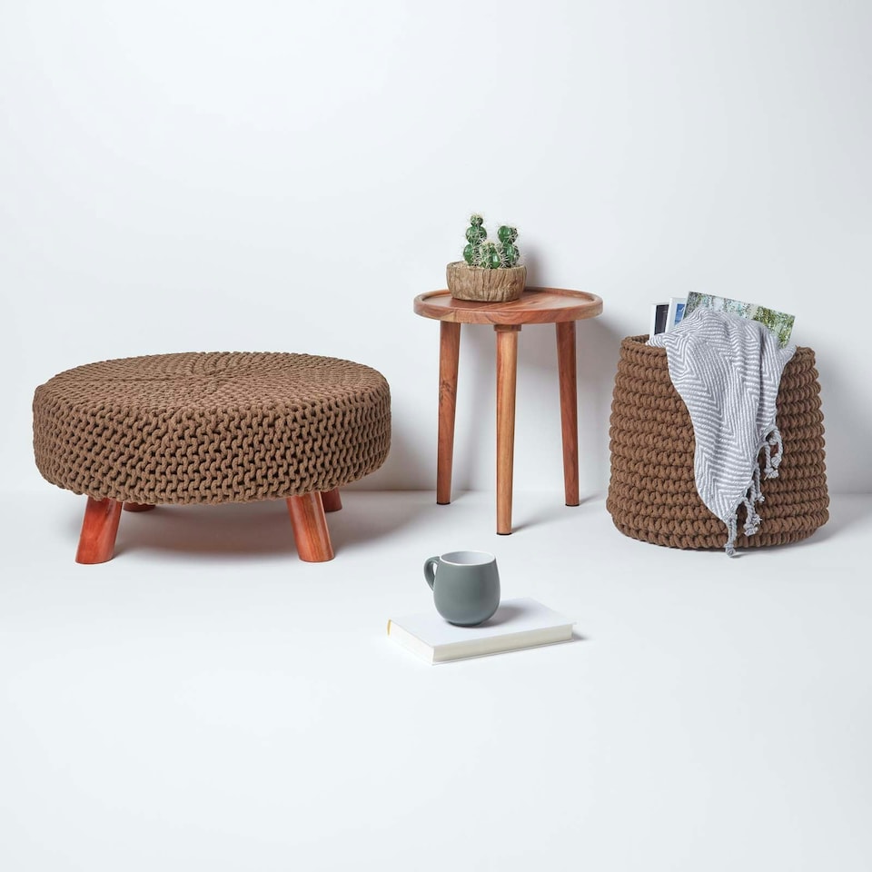 image 1 of Homescapes Chocolate Brown Large Round Cotton Knitted Footstool on Legs