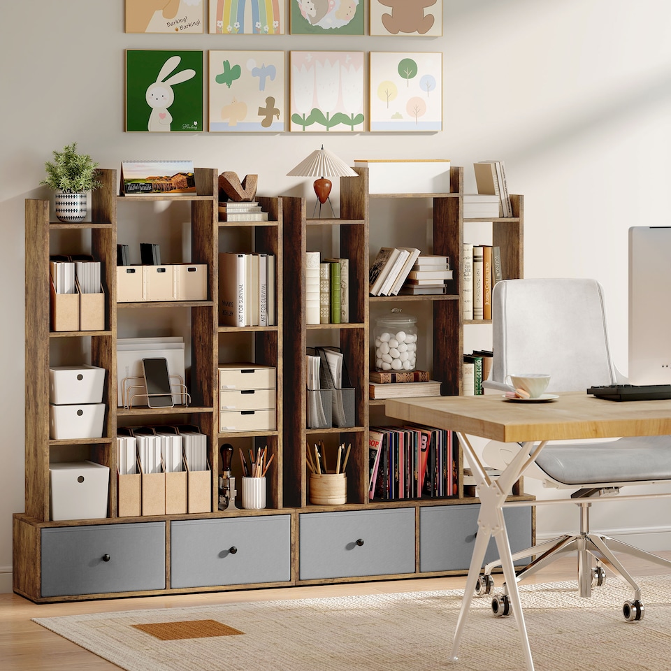 image 1 of HOMCOM Tree Bookshelf, 12-Tier Floor Standing Bookcase with 2 Foldable Drawers, Freestanding Book Shelf Storage Display Shelving Unit for Living Room, Home Office, Bedroom, Rustic Brown