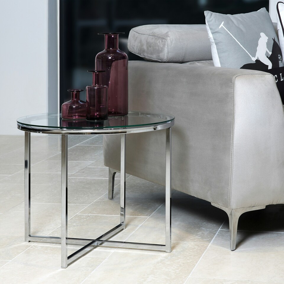 image 1 of Cross Round Metal Side Table with Glass Top