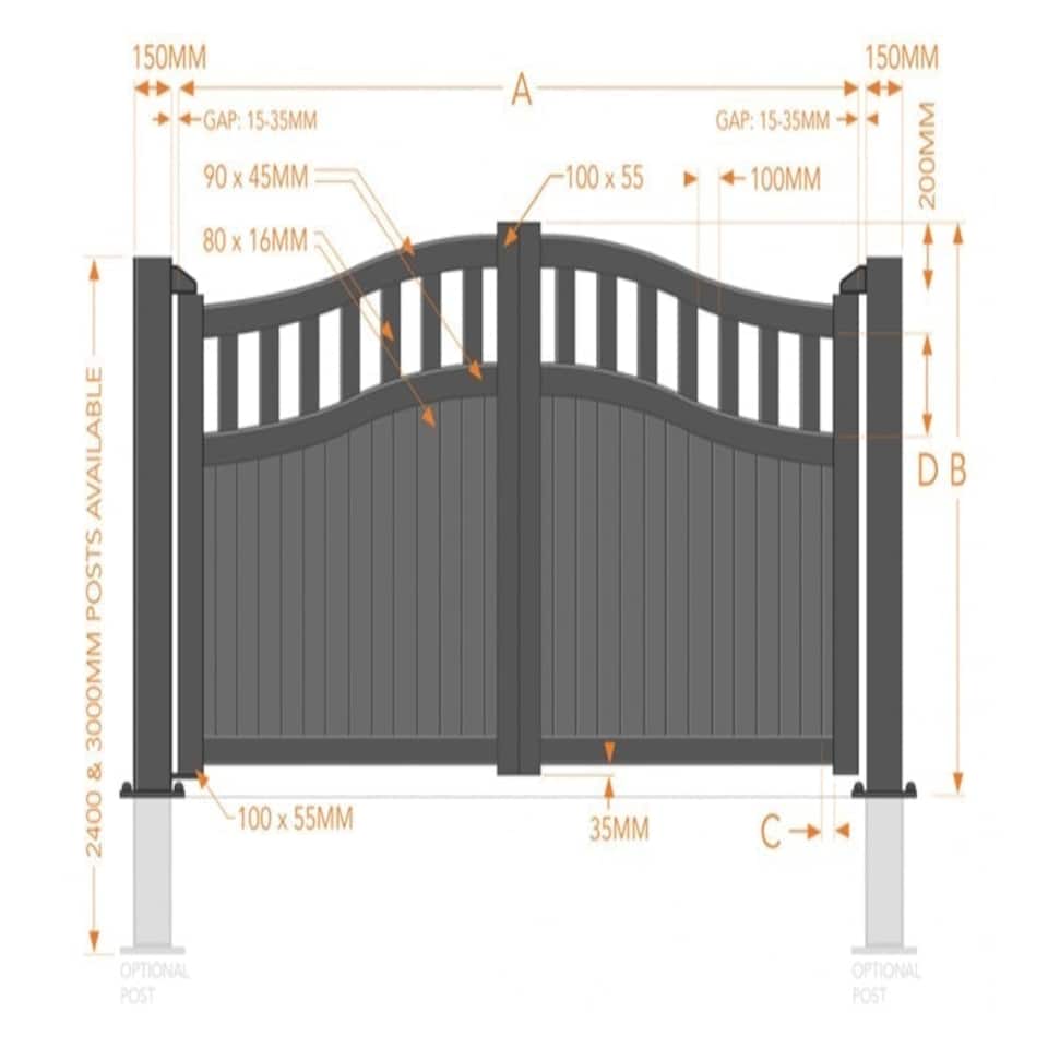 image 1 of Double Swing Gate 3500x2000mm Grey - Vertical Solid Infill and Bell-Curved Top Full Privacy Driveway Gate Grey