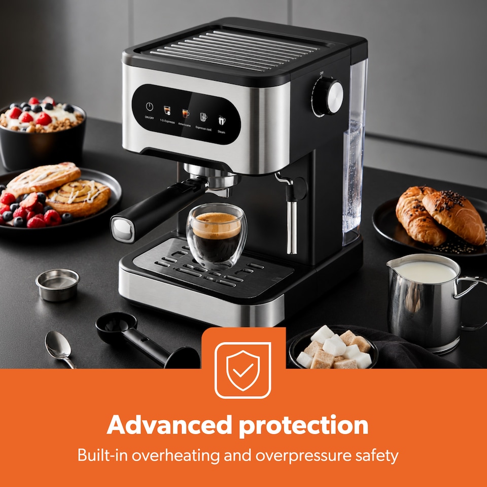 image 1 of GEEPAS 5 In 1 Espresso Coffee Machine with Milk Frother 20 Bar 1350W - Silver