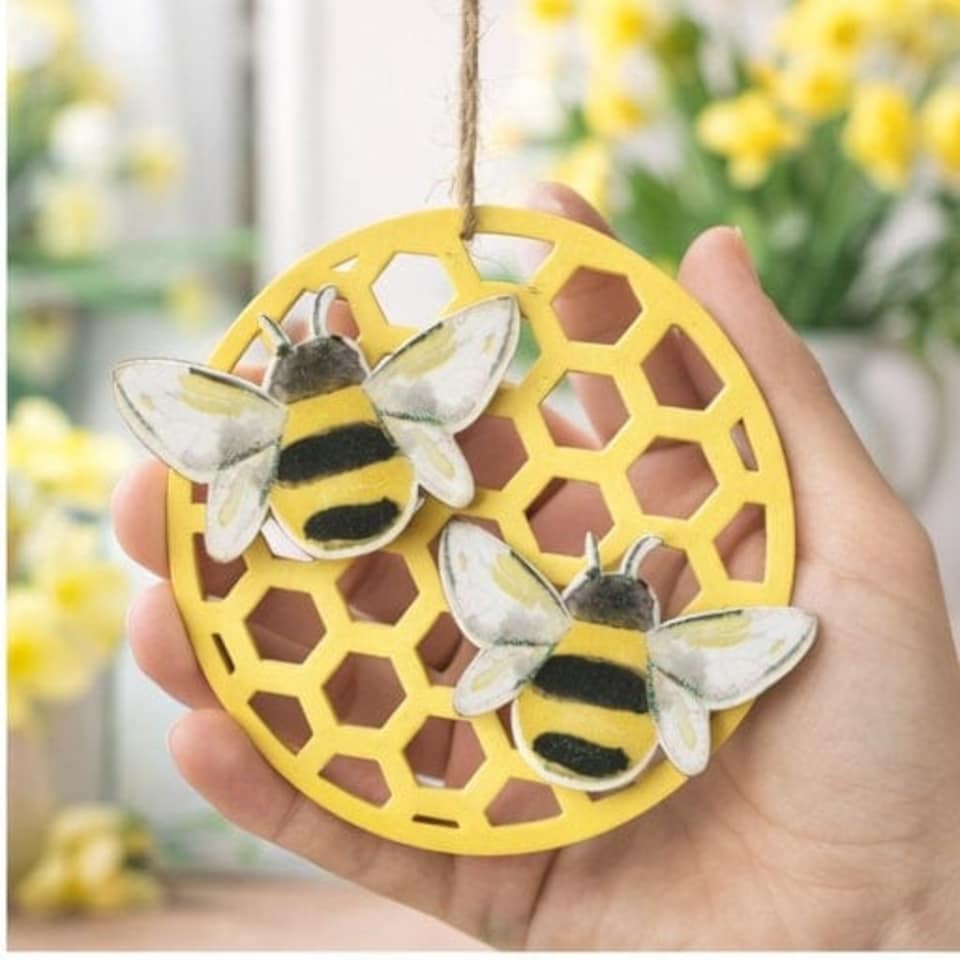 image 1 of Gisela Graham Wooden Bee & Honeycomb Hanging Decoration - Easter Tree Ornament