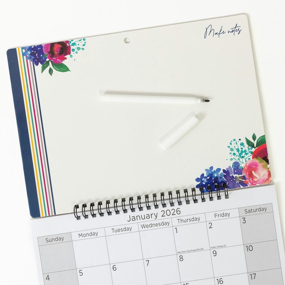 image 1 of 2026 Monthly Memo Board Calendar & Pen Flowers 2 Design