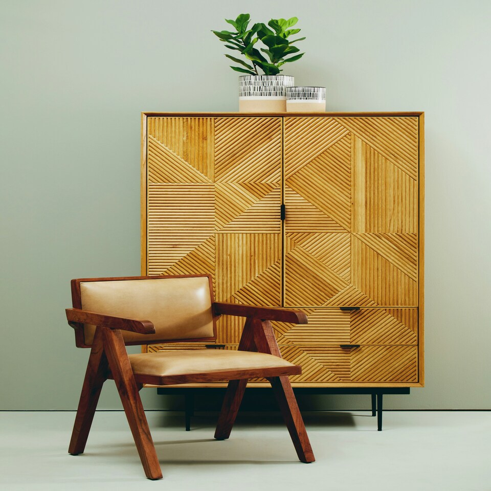 image 1 of Interiors by Premier Natural Wooden Cabinet, Carved Geometric Wood-Effect Front, Rustic Wood Storage Cabinet on Black Metal Legs Brown