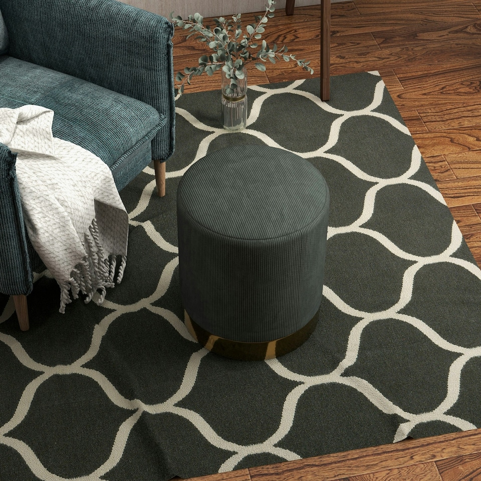 image 1 of HOMCOM Modern Round Footstool, Fabric Upholstered Foot Rest, Dark Green