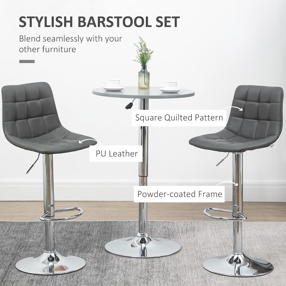 image 1 of HOMCOM Adjustable Bar Stools Set of 2, Swivel PU Leather Upholstered Barstools with Tufted Seat and Back, Breakfast Bar Chairs for Kitchen Counter, Grey