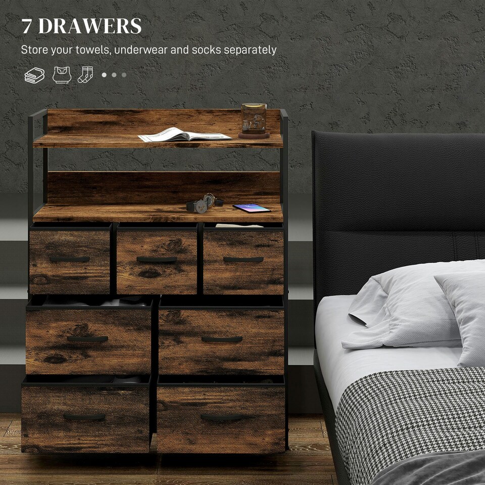 image 1 of HOMCOM Bedroom Chest of Drawers 7 Drawer Dresser w/ Shelves, Grey Wood Effect