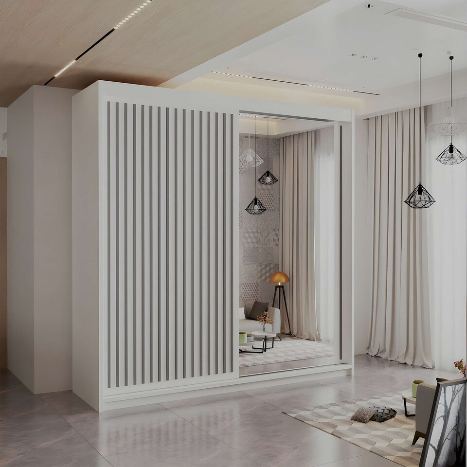 image 1 of Sliding Wardrobes 4U Modern Vertical Panelled Mirror Sliding Wardrobe – 150cm to 250cm, White, Black, Grey, Oak | White | White 150cm