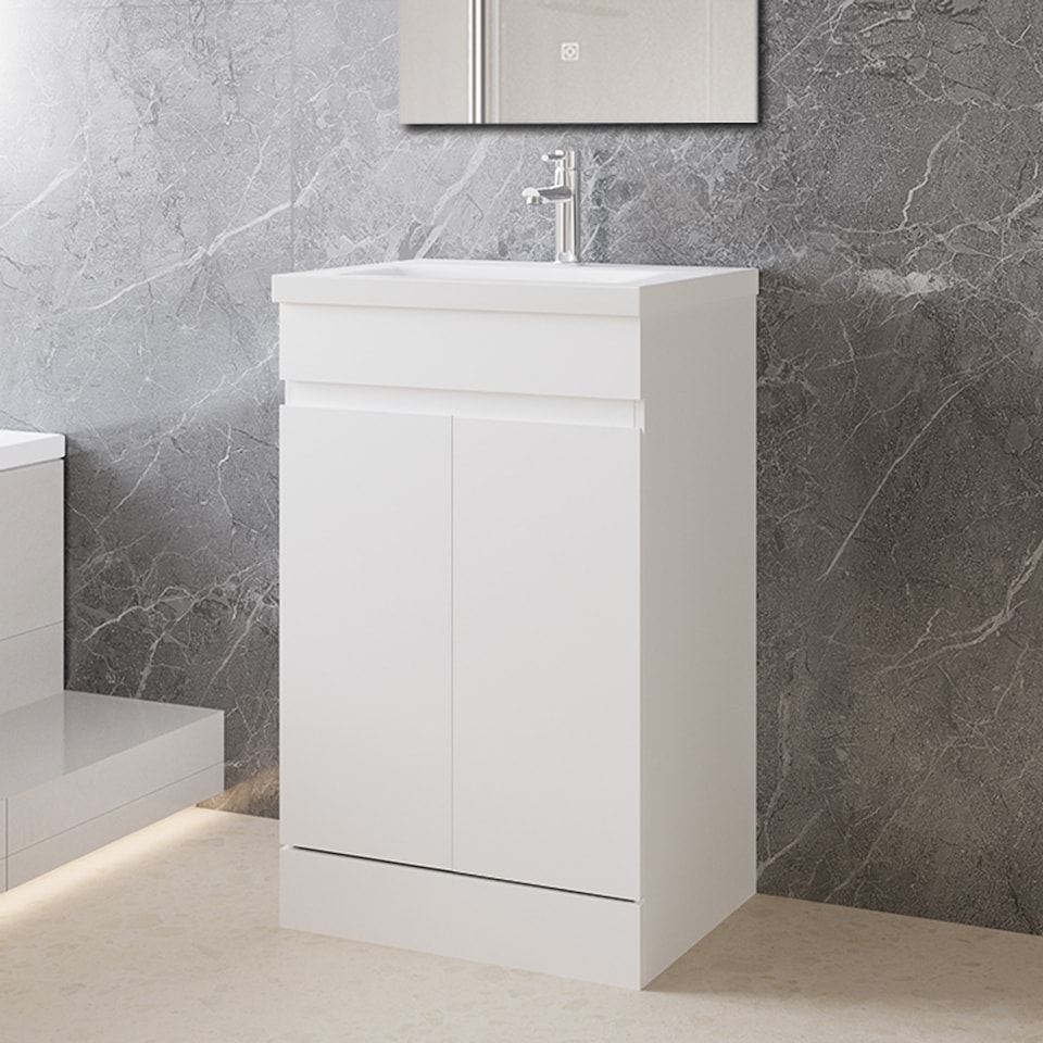 image 1 of AICA 500mm Matte White Bathroom Vanity Unit With Basin Double Door Floor Standing Design Flat Packed