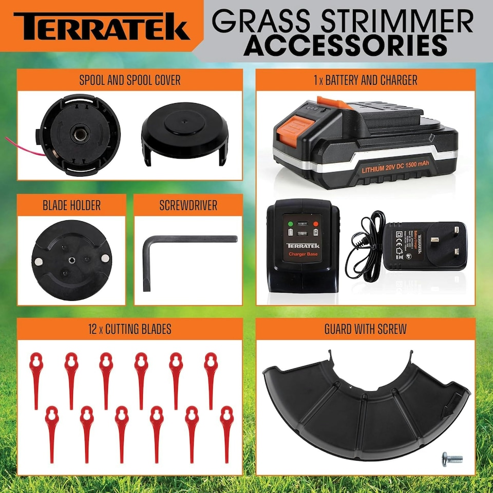 image 1 of Terratek 20V Cordless Grass Trimmer 2-in-1 Strimmer with Blades, Spool & Fast Charge | Grey | Grey | 1