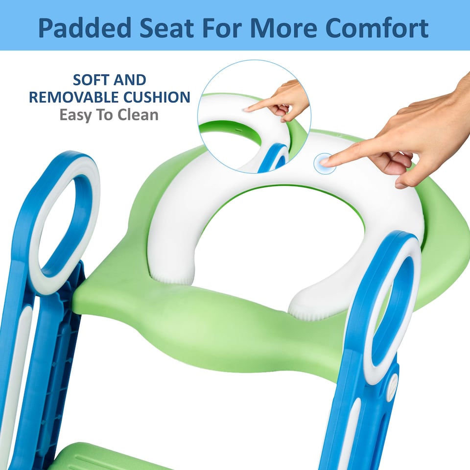 image 1 of Children Baby Toddler Kid Potty Training Toilet Seat Trainer Urinal Chair with Ladder, Green & Blue