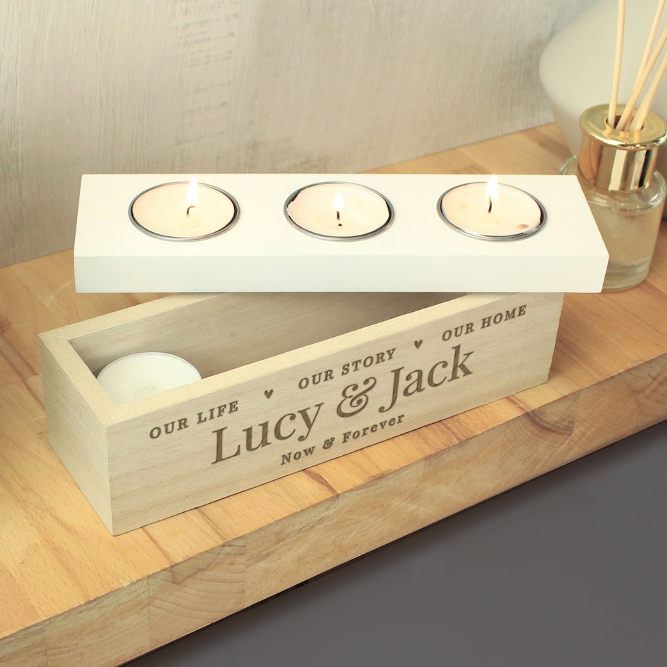 image 1 of Personalised Our Life Story & Home Triple Tea Light Box Brown