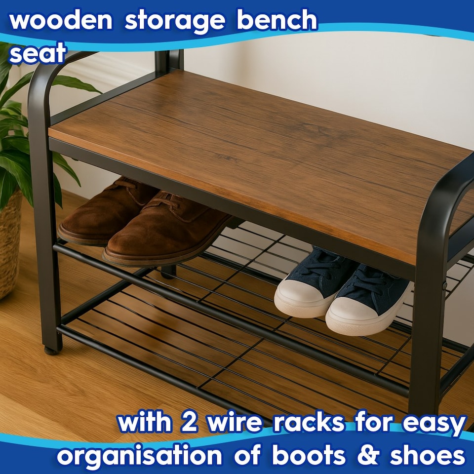 image 1 of Harbour Housewares Curved Steel Coat Rack with Shoe Storage Bench - Black/Brown | Brown | Black/Brown | One Size