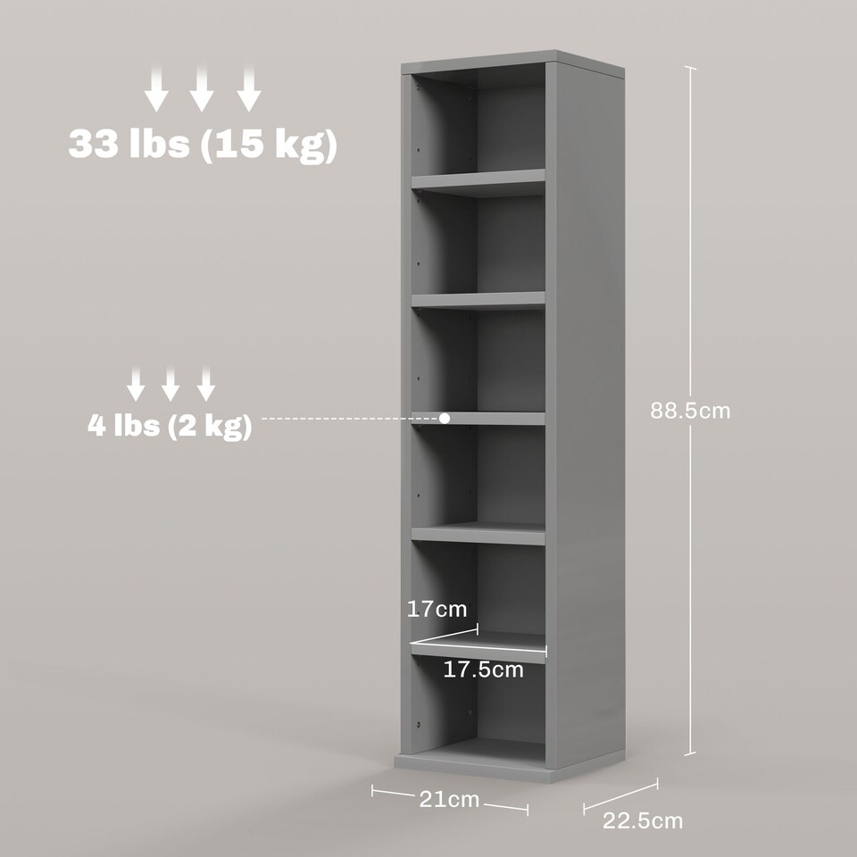 image 1 of HOMCOM Set of 2 CD Storage Units DVD Shelf with Adjustable Shelves | Grey | High Gloss Grey | 21W x 22.5D x 88.5H cm