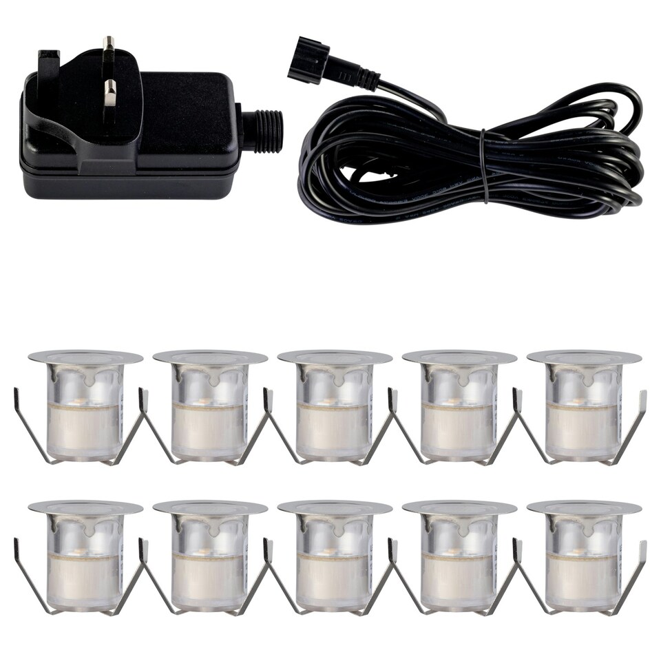 image 1 of Set of 10 - 30mm Stainless Steel IP67 Warm White LED Decking Kit Chrome | Clear